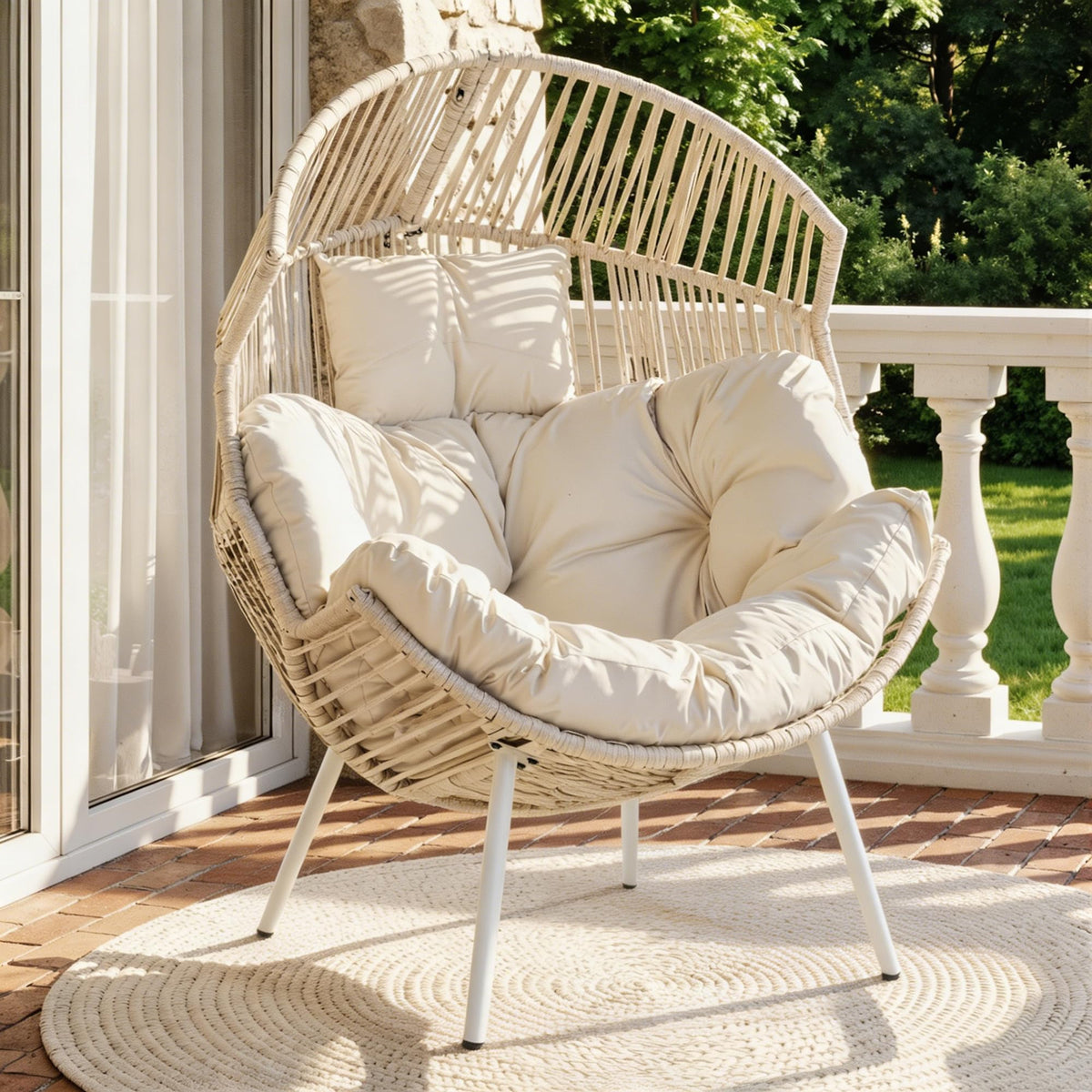 JAMFLY Egg Chair Rocking Chairs, Wicker Patio Chair Oversized Lounger Chair with Cushion for Indoor Living Room Bedroom Outdoor Patio Backyard Balcony Garden, Cream White
