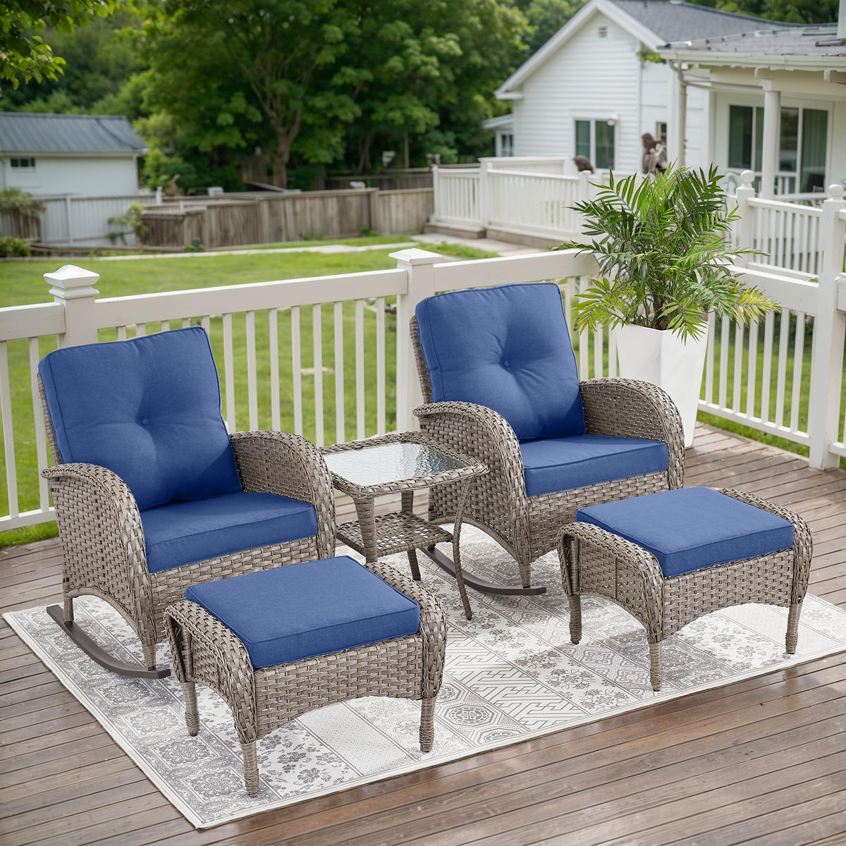 Belord Patio Rocking Chair Wicker Chair, 1 Piece Outdoor Rocking Chair Seating with Cushions for Porch Deck Balcony, Brown/Blue