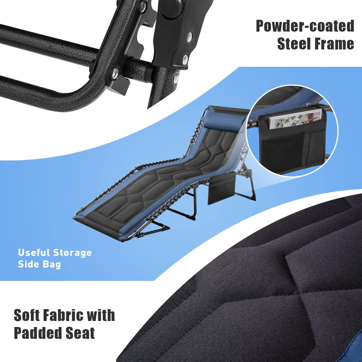 Flamaker Folding Chaise Lounge Outdoor Portable Lounge Chairs 4-Position Adjustable Camping Lounge Chair with Pillow & Side Bag Lightweight Recliner Sunbathing Chair for Pool Beach Deck (Blue)