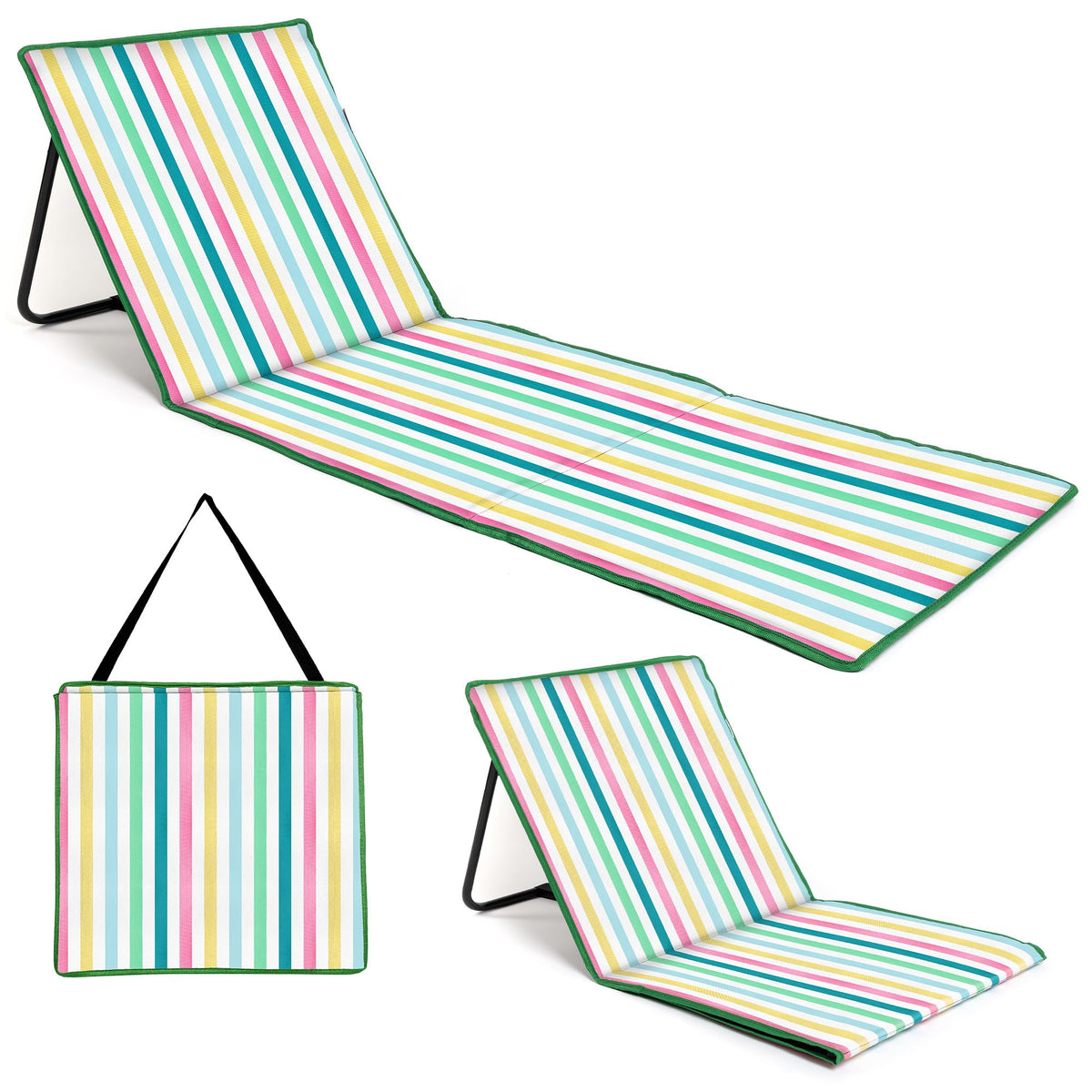 just be... Beach Chair with Backrest, Foldable Lightweight Reclining Beach Mat, Portable Padded Lounge Seat with Carry Strap & Zip Pocket – Pink Stripes