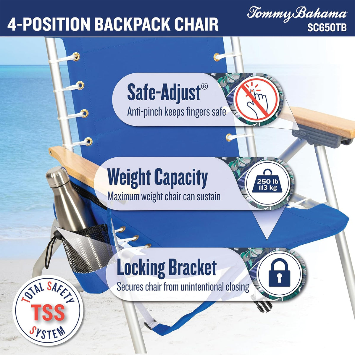 Tommy Bahama Hi-Boy 17" Seat Height 4-Position Lace-Up Suspension Folding Beach Backpack Chair