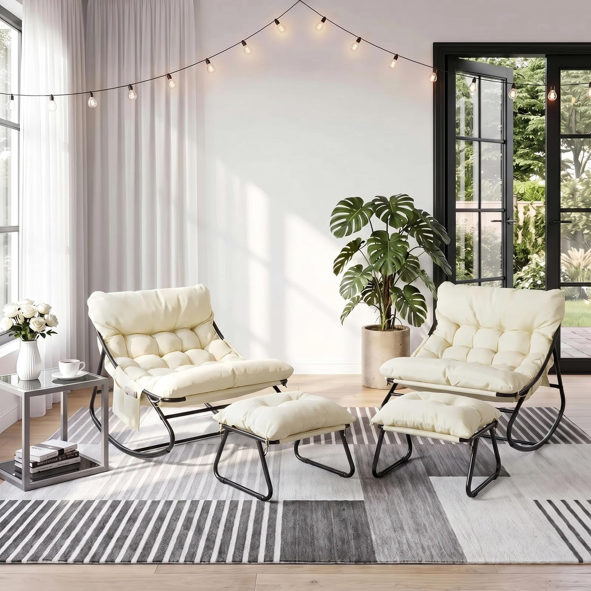 Arlopu Outdoor Rocking Chair with Ottoman, Papasan Rocking Chair