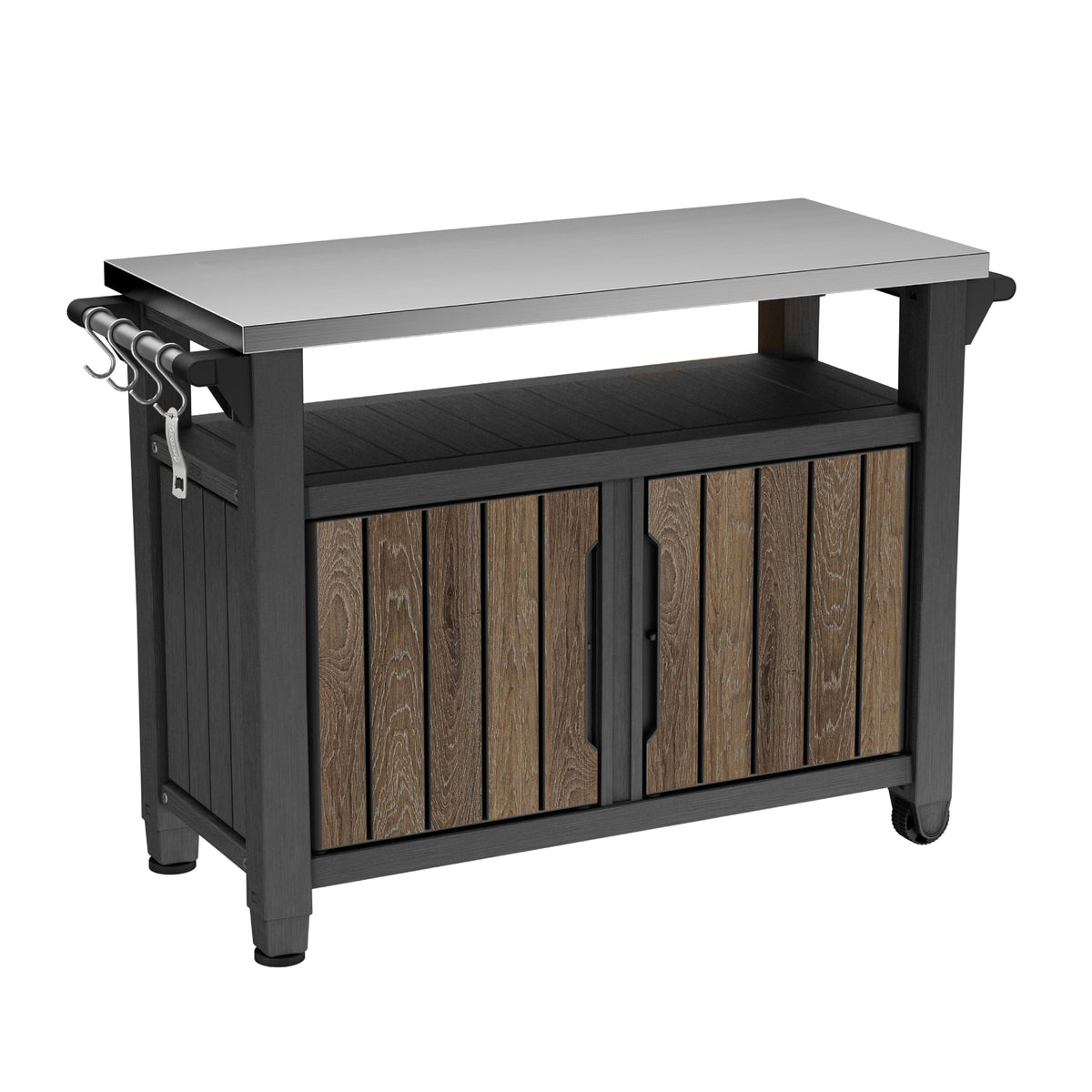Keter Unity XL Portable Outdoor Table with Stainless Steel Top for Kitchen Prep and Outdoor Storage Cabinet for Grilling Accessories, Dark Grey