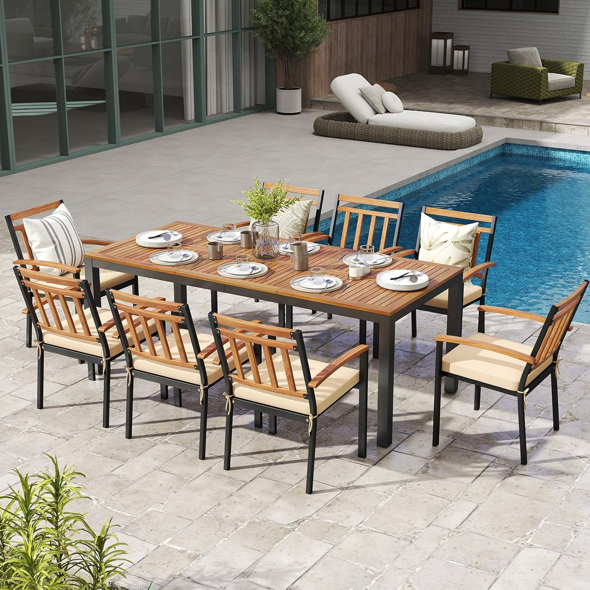 Tangkula 79" Acacia Wood Outdoor Dining Table for 8, Patio Table with Umbrella Hole, Metal Legs & Adjustable Foot Pads, Rectangular 8-Person Outside Table for Garden, Poolside & Backyard