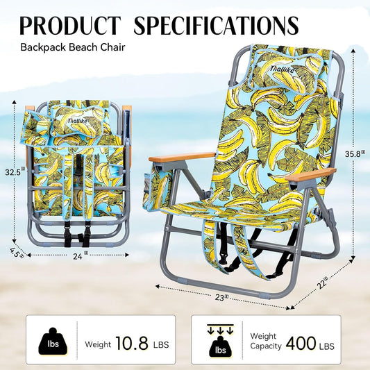 Backpack Beach Chair Wide Seat High Back Folding Camping Chair for Adults 5-Position Recline Supports 400lbs Portable Chair with Cup Holder Cooler Bag Storage Pouch for Outdoor Lawn Picnic