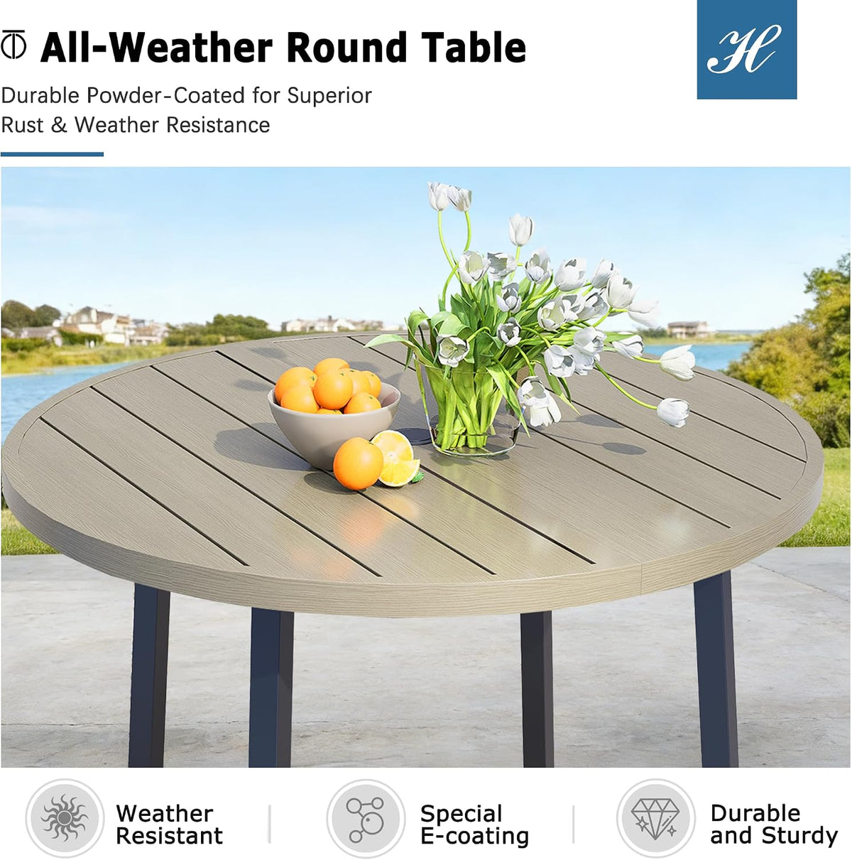 42" Round Patio Dining Table for 4, All-Weather Metal Patio Table with Umbrella Hole, Outdoor Round Dining Table for Lawn Garden Porch, Honey Oak