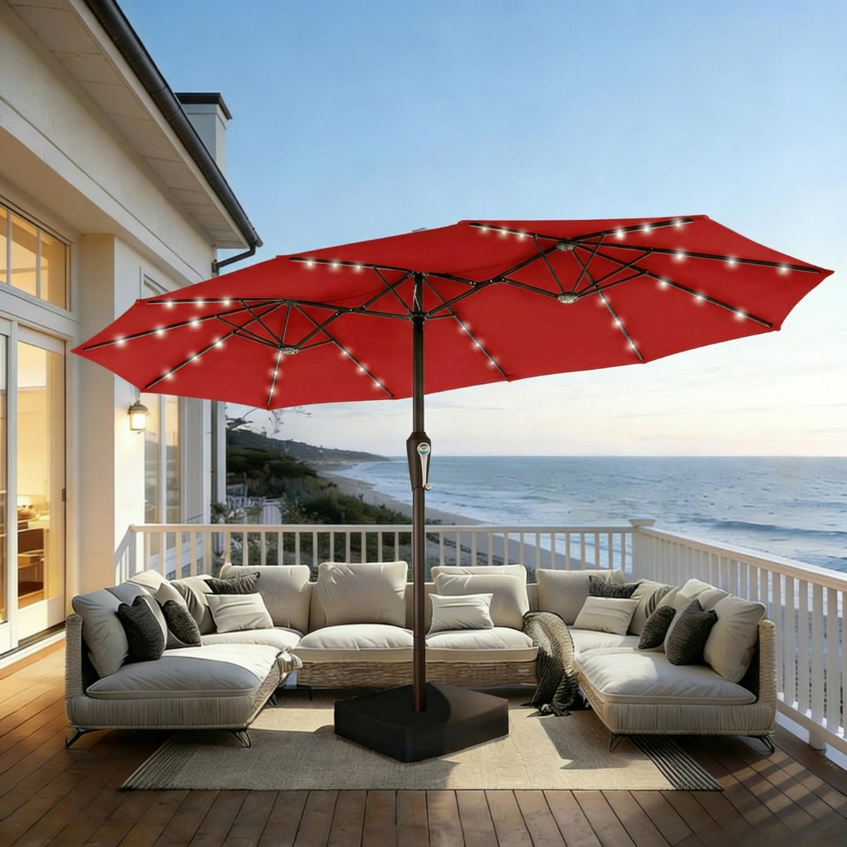 15FT Patio Umbrella with Solar Lights, Double-Sided Extra Large Outdoor Table Umbrella with Base Included, Heavy-Duty 12 Iron Ribs Market Umbrella for Garden, Pool, Backyard, Turquoise Blue