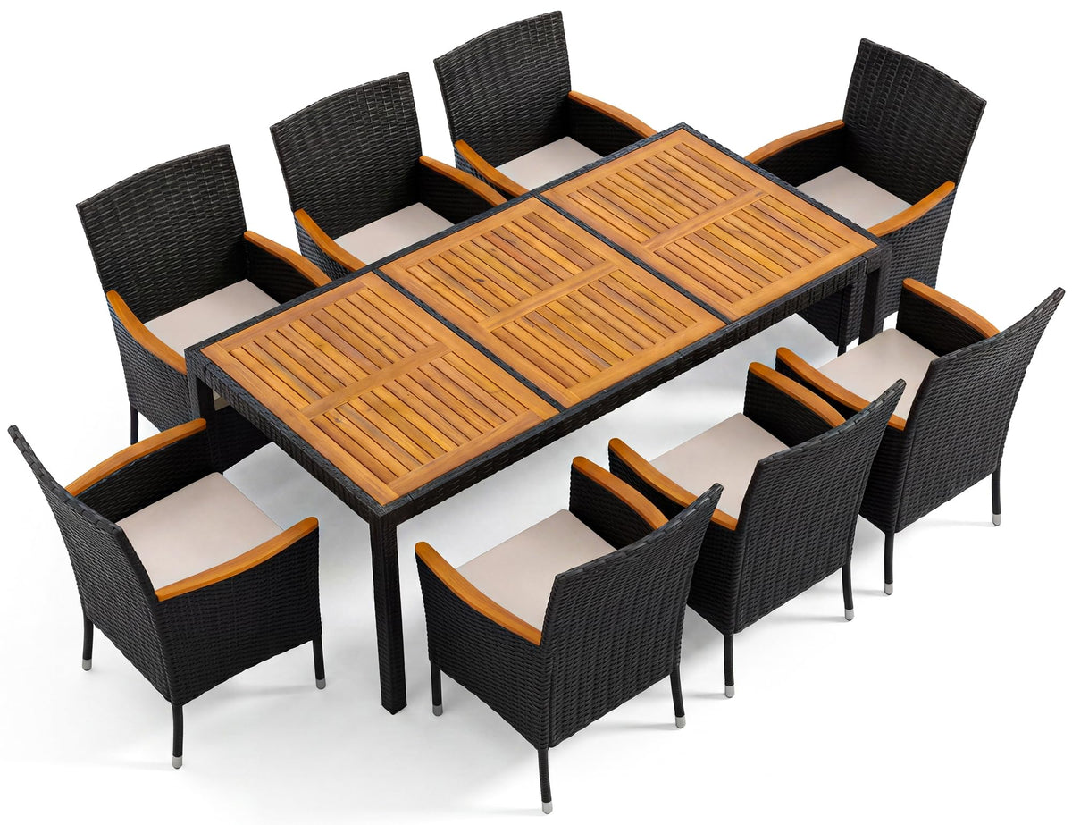 Devoko 7 PCS Acacia Wood Patio Dining Set, Black Rattan