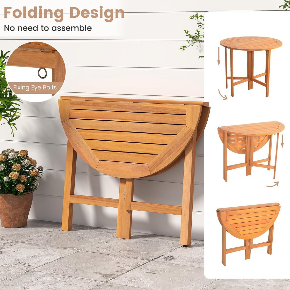 Tangkula 36 Inches Outdoor Folding Round Dining Table, No Assembly Patio Acacia Wood Bistro Table with Slatted Tabletop, 4-Person Outside Dining Furniture for Backyard, Porch, Balcony