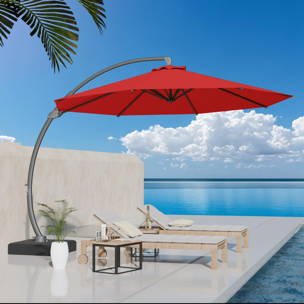 Kingdura 11ft Offset Cantilever Patio Umbrella with Base Included, Large Round Aluminum Outdoor Umbrella, 360° Rotation & Infinite Tilt, Heavy Duty Frame for Deck Pool Backyard, Beige