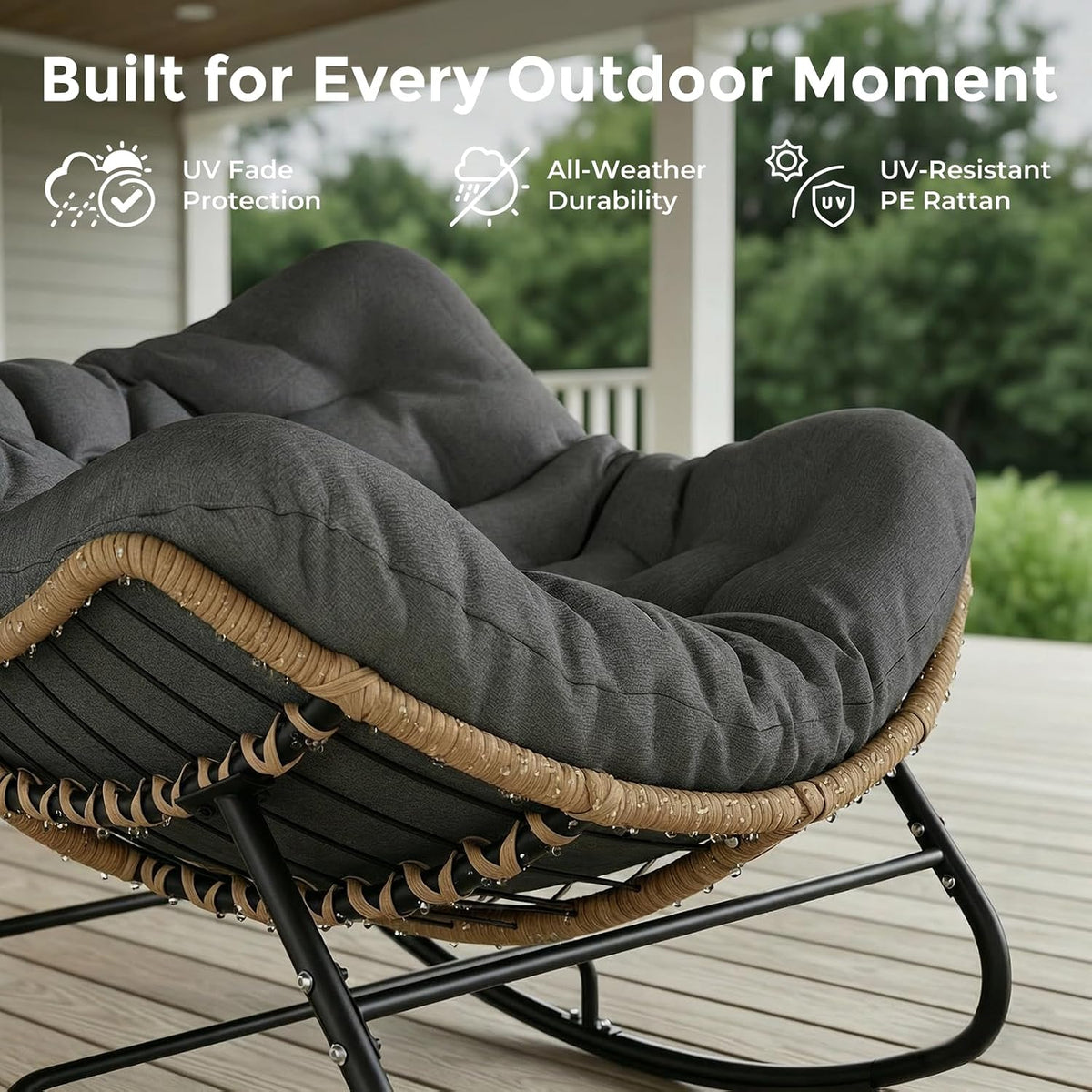 SWITTE Outdoor Rocking Papasan Chair with Thick Cushion, Dark Gray