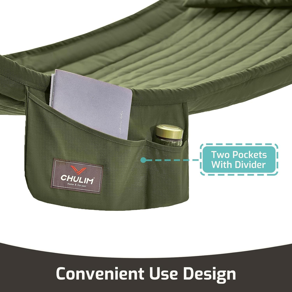 CHULIM Double Quilted Fabric Hammock with Hardwood Spreader Bars and Pillow 450 LBS Capacity 2 Person Large Hammock for Outdoor Patio Backyard Poolside - Green