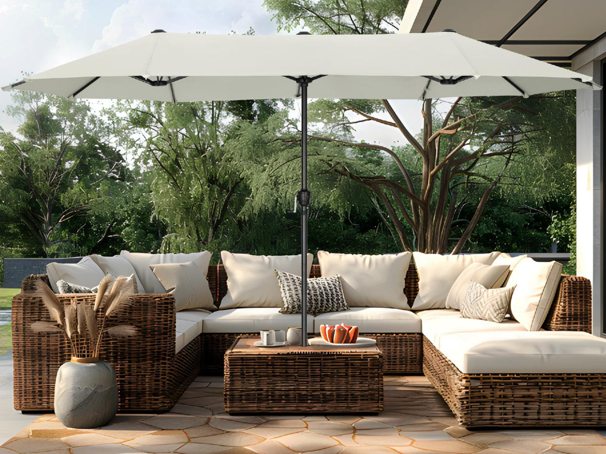 PHI VILLA 13ft Large Outdoor Patio Double-Sided Umbrella, Rectangle, Beige