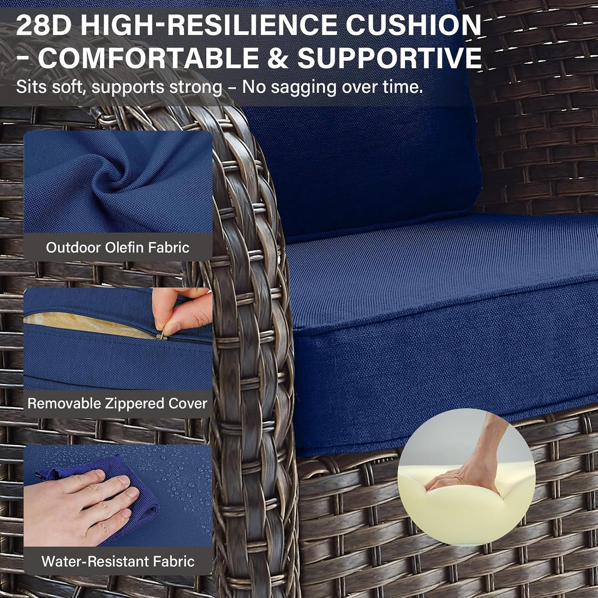 Belord Patio Rocking Chair Wicker Chair, 1 Piece Outdoor Rocking Chair Seating with Cushions for Porch Deck Balcony, Brown/Blue