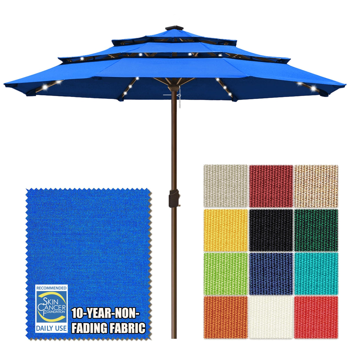 EliteShade USA 10-Year-Non-Fading 9ft 3-Tier Market Patio Umbrella, Commercial Table Umbrella with 80 Solar LED Lights, Crank Open, Windproof & UPF 50+ UV Protection for Garden, Deck, Pool, Backyard, Heather Beige