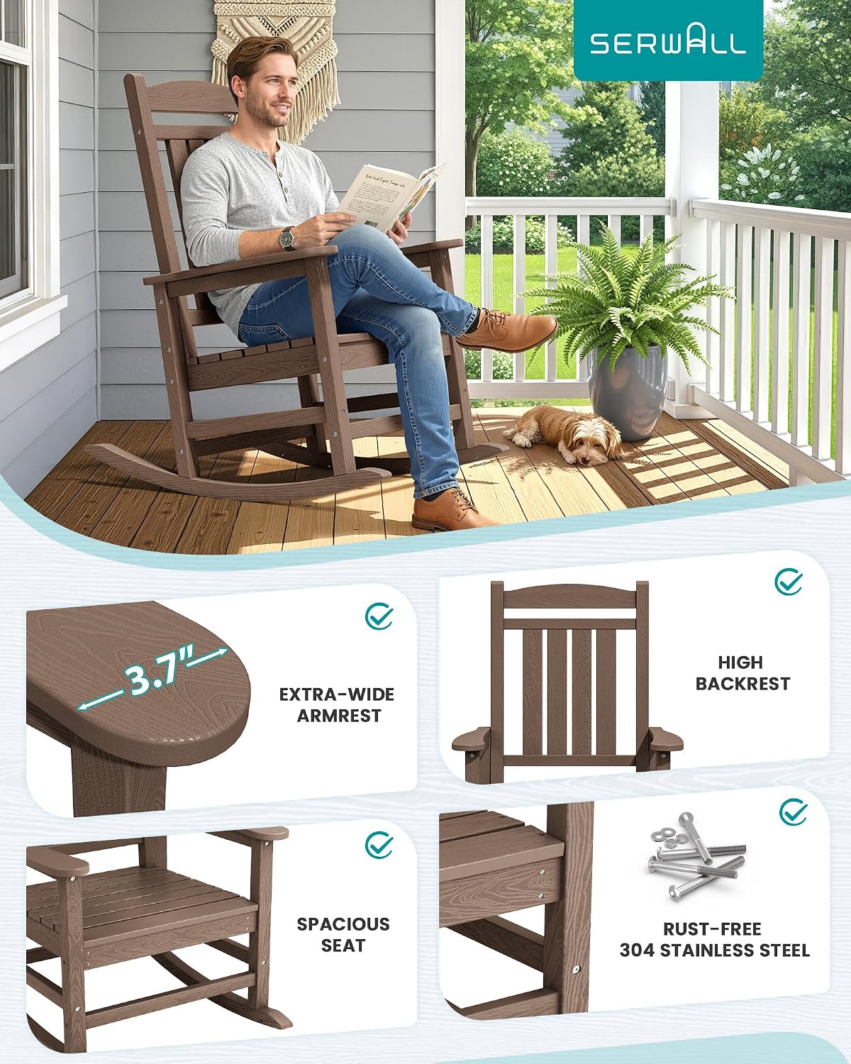 SERWALL Outdoor Rocking Chair Set of 2, Patio Rocking Chair, Brown