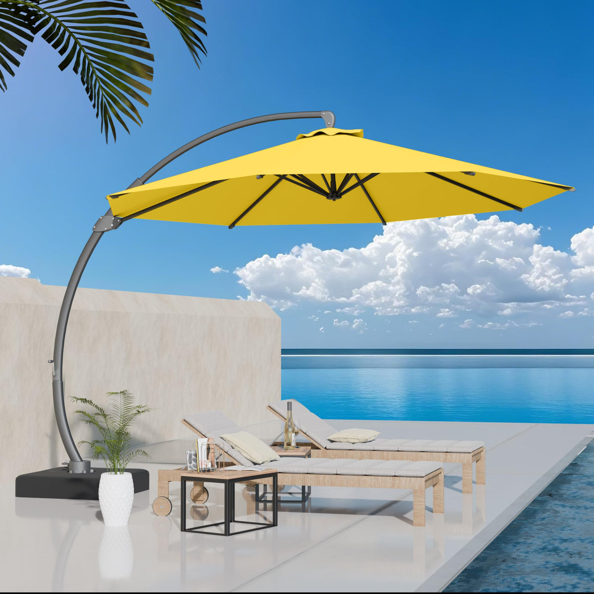 Kingdura 11ft Offset Cantilever Patio Umbrella with Base Included, Large Round Aluminum Outdoor Umbrella, 360° Rotation & Infinite Tilt, Heavy Duty Frame for Deck Pool Backyard, Beige