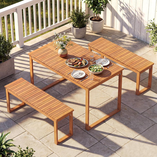 Tangkula 3 Pieces Patio Wooden Dining Set, Acacia Wood Rectangular Picnic Beer Table with 2 Benches for 4 People, Outdoor Dinner Furniture Set for Backyard, Garden and Poolside