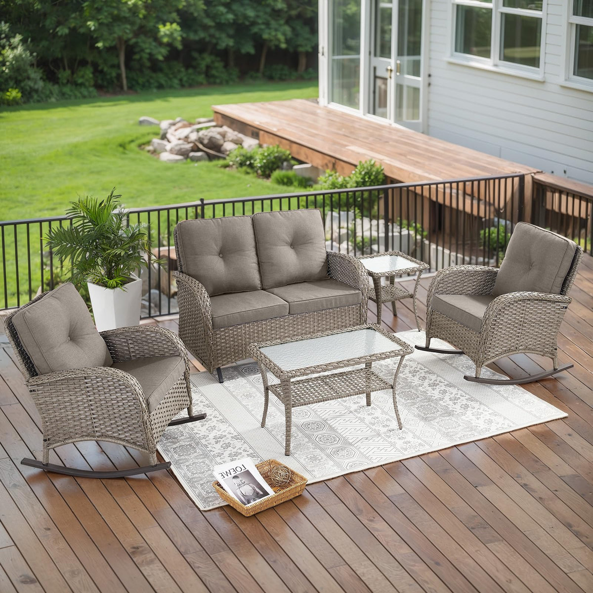 Belord Patio Rocking Chair Wicker Chair, 1 Piece Outdoor Rocking Chair Seating with Cushions for Porch Deck Balcony, Brown/Blue