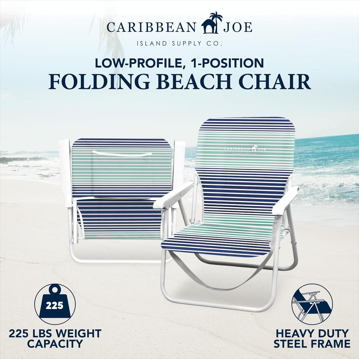 Caribbean Joe Folding Beach Chair, 1 Position Lightweight and Portable Foldable Outdoor Camping Chair with Carry Strap, Horizon Stripe