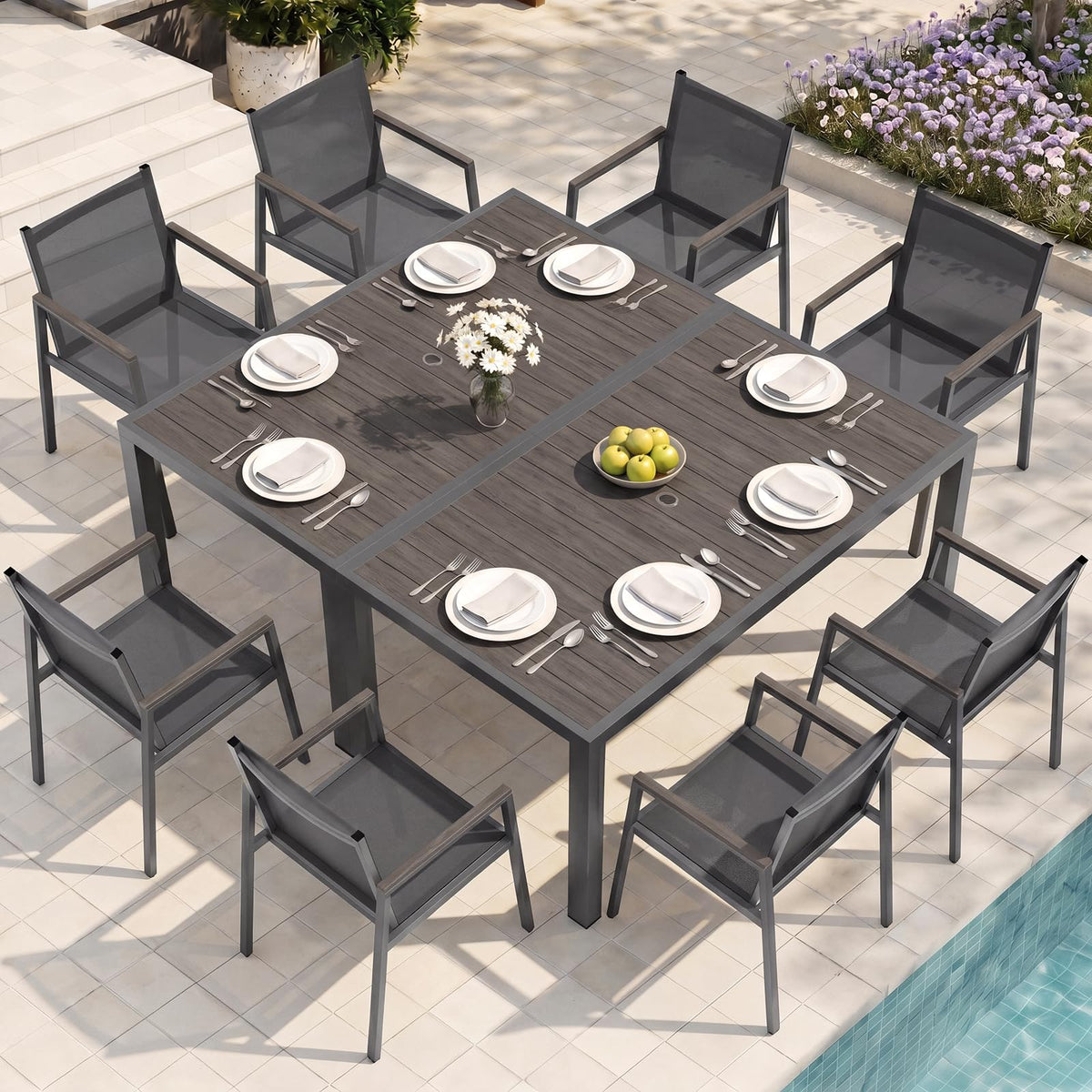 Outdoor Dining Set, 7 Piece Aluminum Patio Table and Chairs Set, All Weather Patio Dining Furniture Set with Umbrella Hole for Backyard, Deck, Poolside (Gray-Teak)