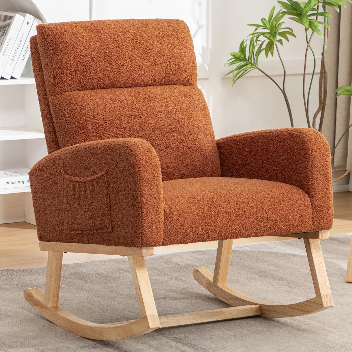 HCHAIRH Rocking Chair Nursery, Boucle Teddy Nursing Rocking Chairs, Upholstered Nursery Glider Rocker for Mom Nursery Morden Accent Rocking Chair with Side Pocket for Living Room,Bedroom, Light Green