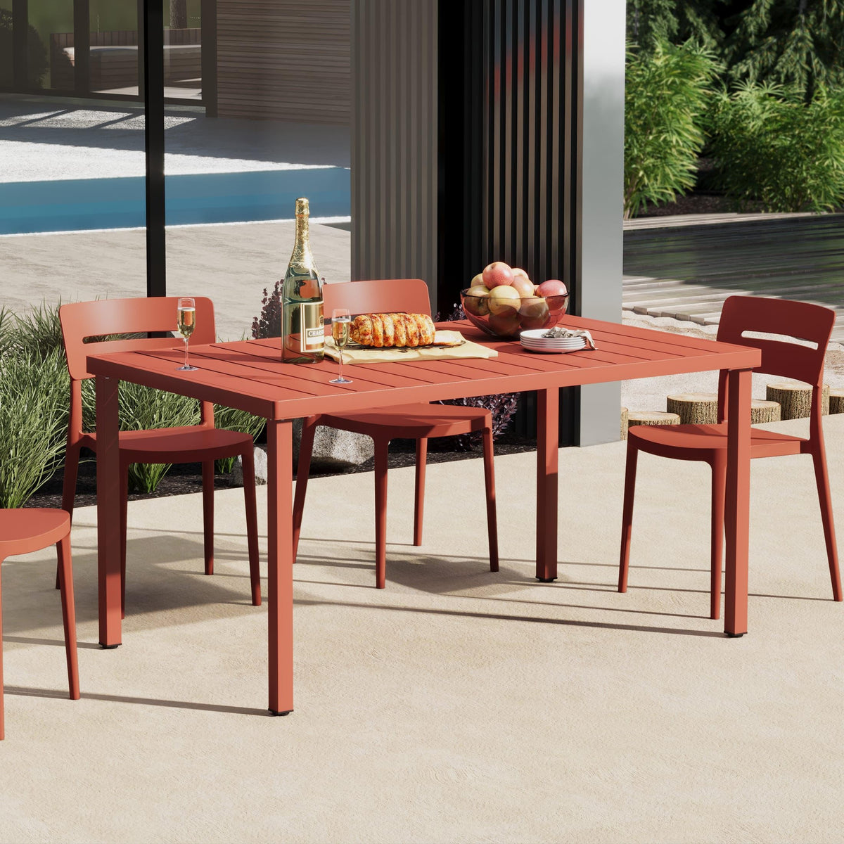 Costaelm Outdoor Dining Table for 6, Rectangular Metal Patio Table, 6-Person Weather Resistant Steel Slat Table for Lawn Garden Backyard, Olive Green