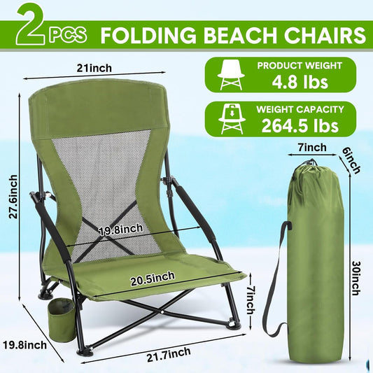 Menkxi 2 Pack Low Beach Chairs for Adults, Portable Folding Sand Chairs with Cup Holder and Carry Bag, Lightweight High Back Camping Chair for Beach Trips, Concerts, BBQ, Lawn, Outdoor (Army Green)