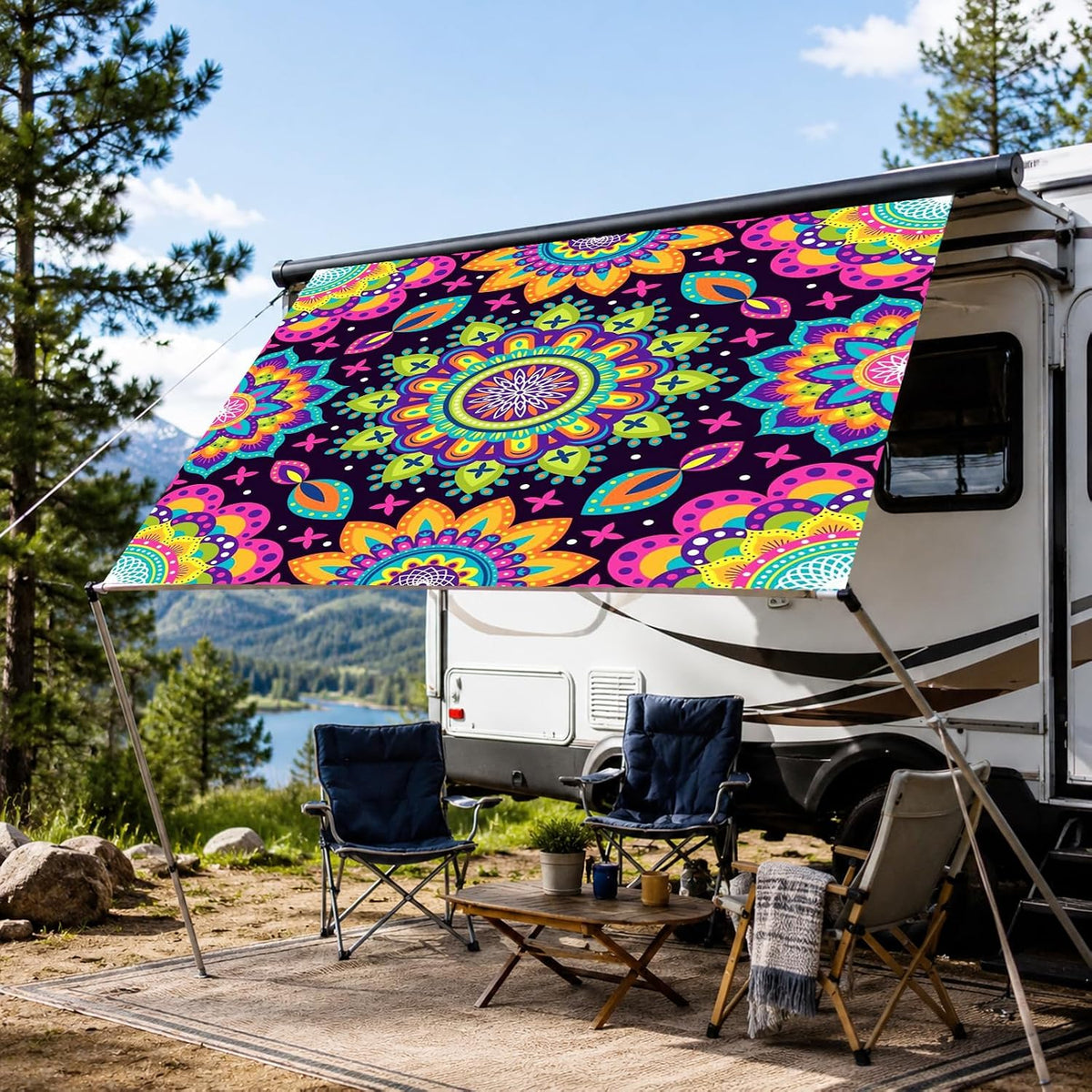 Miytal Blacklight Outdoor Sunshade Sail – 6' × 6' UV Reactive Mandala Canopy, Glow in the Dark Neon Tie-Dye Patio Shade Cloth for Garden, Backyard, Deck & Party Decor