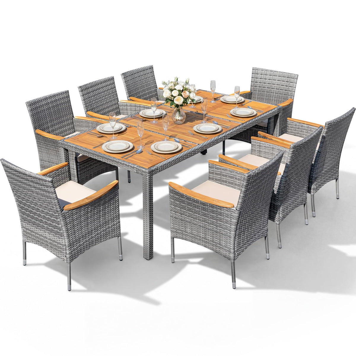 Devoko 7 PCS Acacia Wood Patio Dining Set, Black Rattan