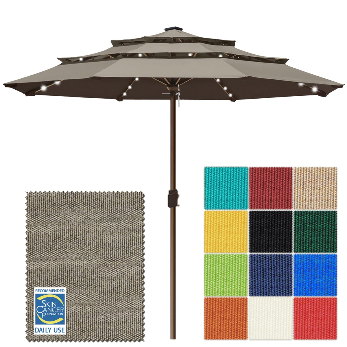 EliteShade USA 10-Year-Non-Fading 9ft 3-Tier Market Patio Umbrella, Commercial Table Umbrella with 80 Solar LED Lights, Crank Open, Windproof & UPF 50+ UV Protection for Garden, Deck, Pool, Backyard, Heather Beige
