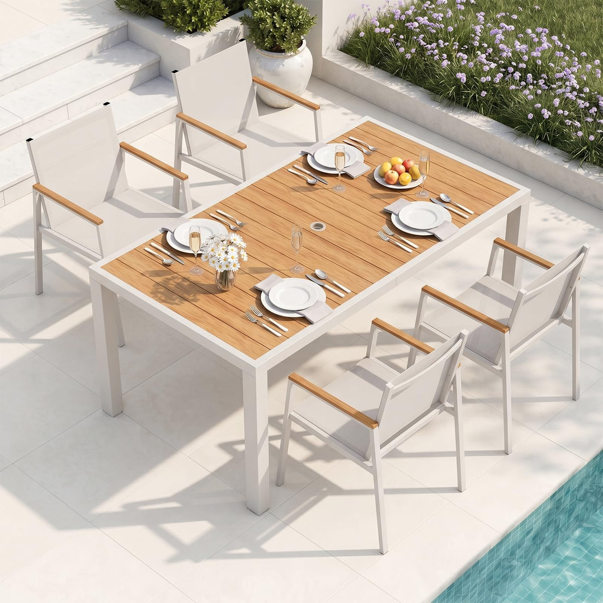 Outdoor Dining Set, 7 Piece Aluminum Patio Table and Chairs Set, All Weather Patio Dining Furniture Set with Umbrella Hole for Backyard, Deck, Poolside (Gray-Teak)