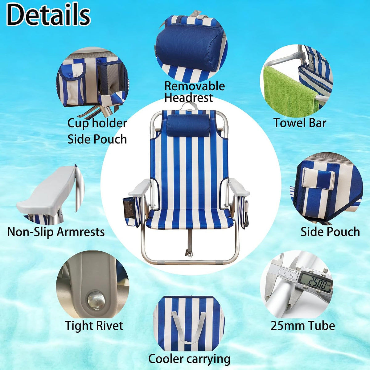Aluminum Backpack Low Profile Beach Chair - 5-Position Lay Flat Reclining Folding Chair with Removable Cooler Bag - Heavy Duty 330 lbs Capacity, Lightweight Portable Sand Seat(1, Stripe Blue)