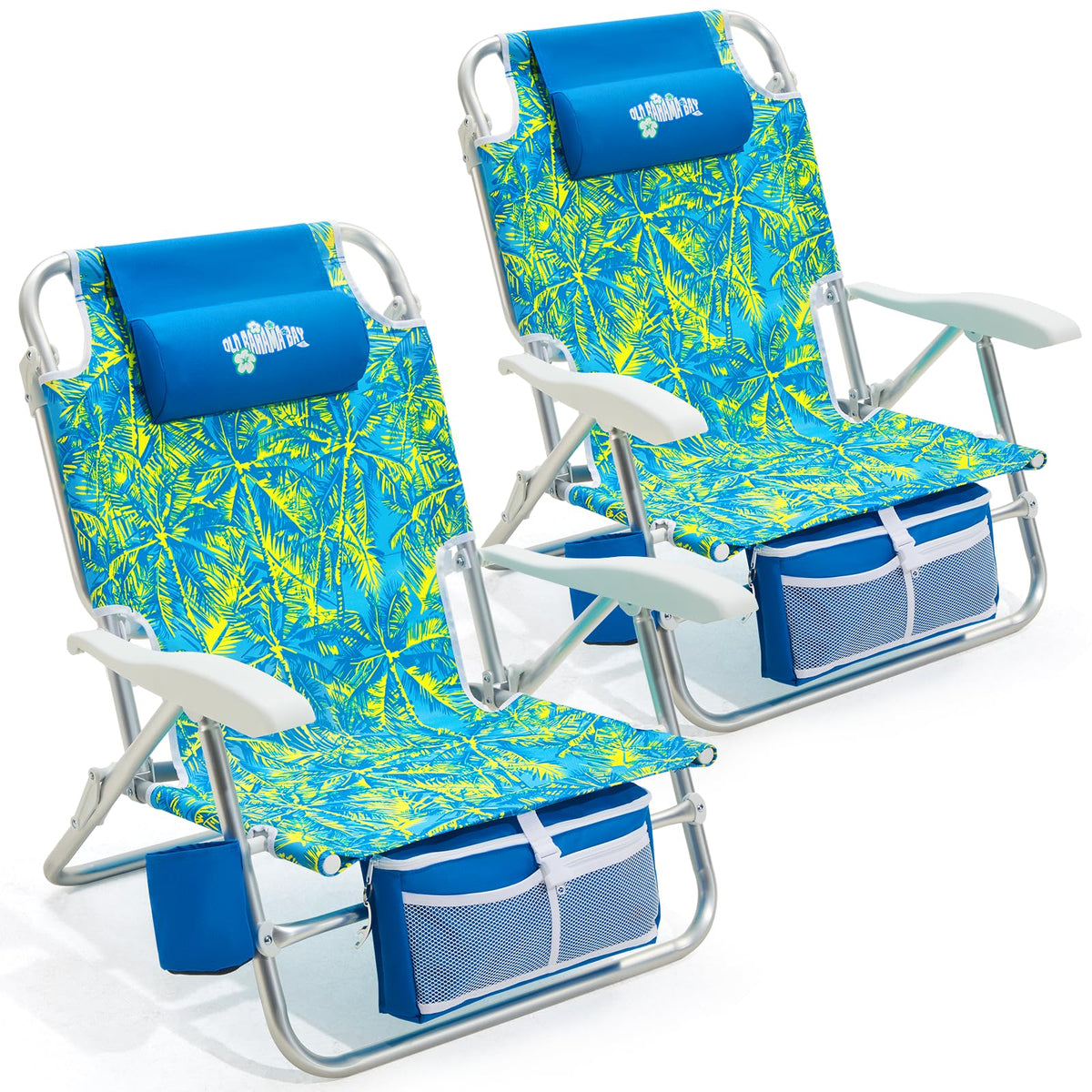 Old Bahama Bay Beach Chairs for Adults, 7-Position Classic Lay Flat Beach Chair Reclining Beach Chair, Portable Aluminum Backpack Beach Chair with Towel Bar & Cooler Bag
