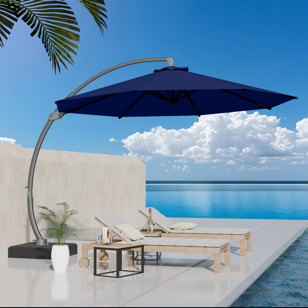 Kingdura 11ft Offset Cantilever Patio Umbrella with Base Included, Large Round Aluminum Outdoor Umbrella, 360° Rotation & Infinite Tilt, Heavy Duty Frame for Deck Pool Backyard, Beige