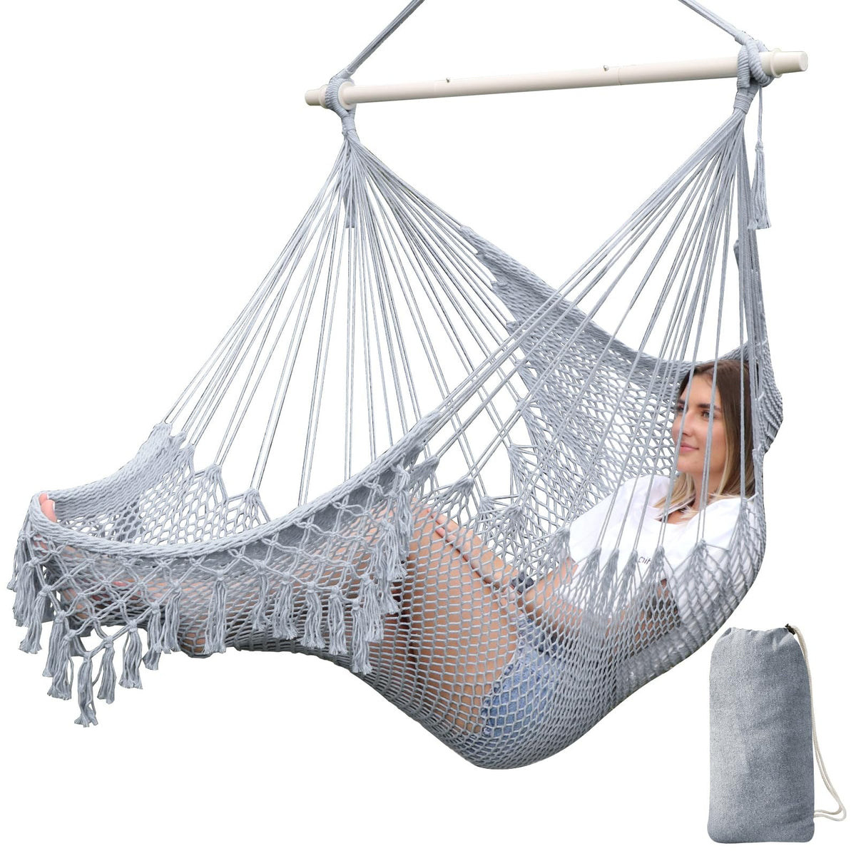 Chihee Hammock Chair Handmade Woven Mesh Hanging Seat Metal Spreader Bar