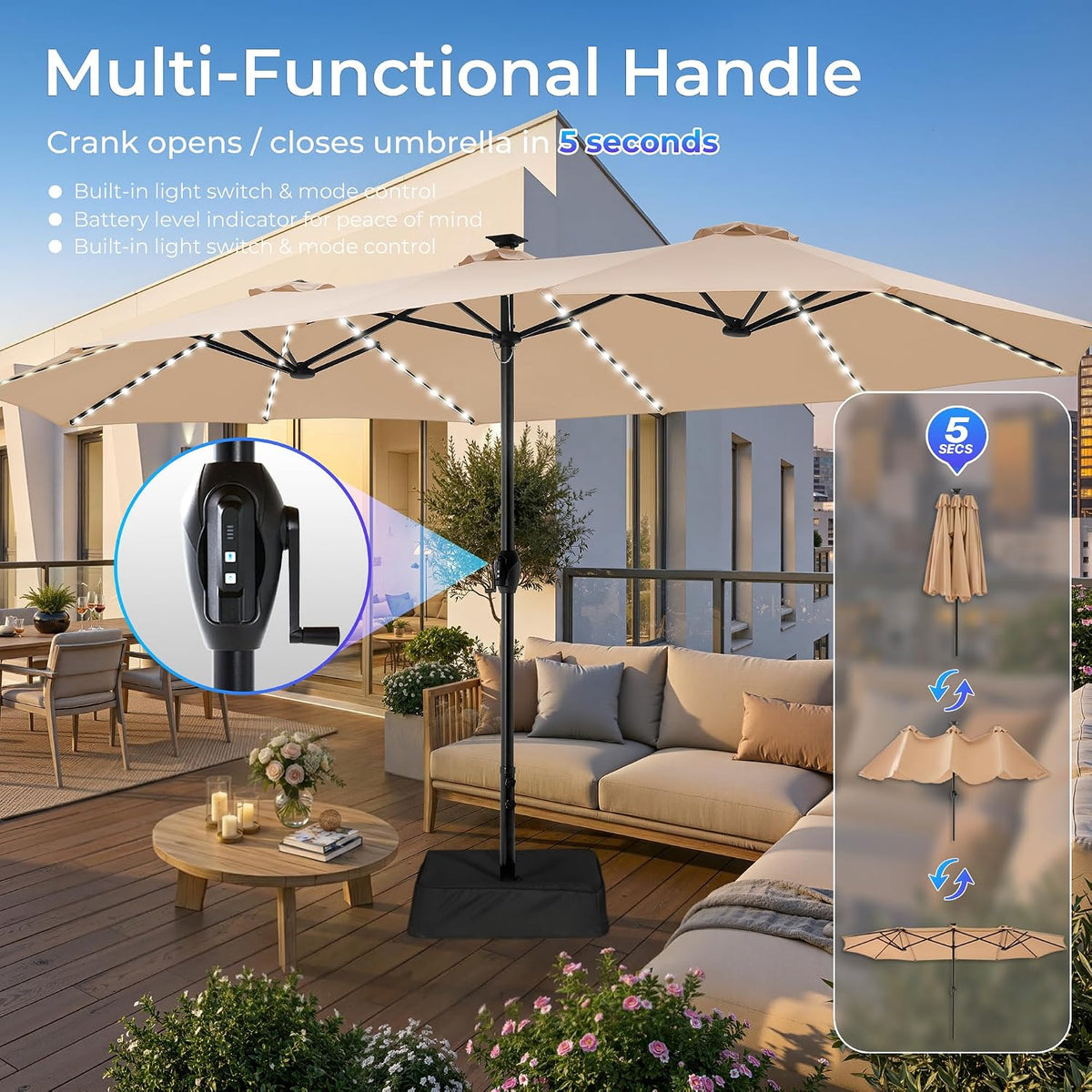 SUPERJARE 15ft Large Patio Umbrella with Base included, Double Sided Outdoor Umbrella with Solar Lights, Pool Umbrella with Fade Resistant Canopy for Deck, Porch, Yard, Balcony, Beige