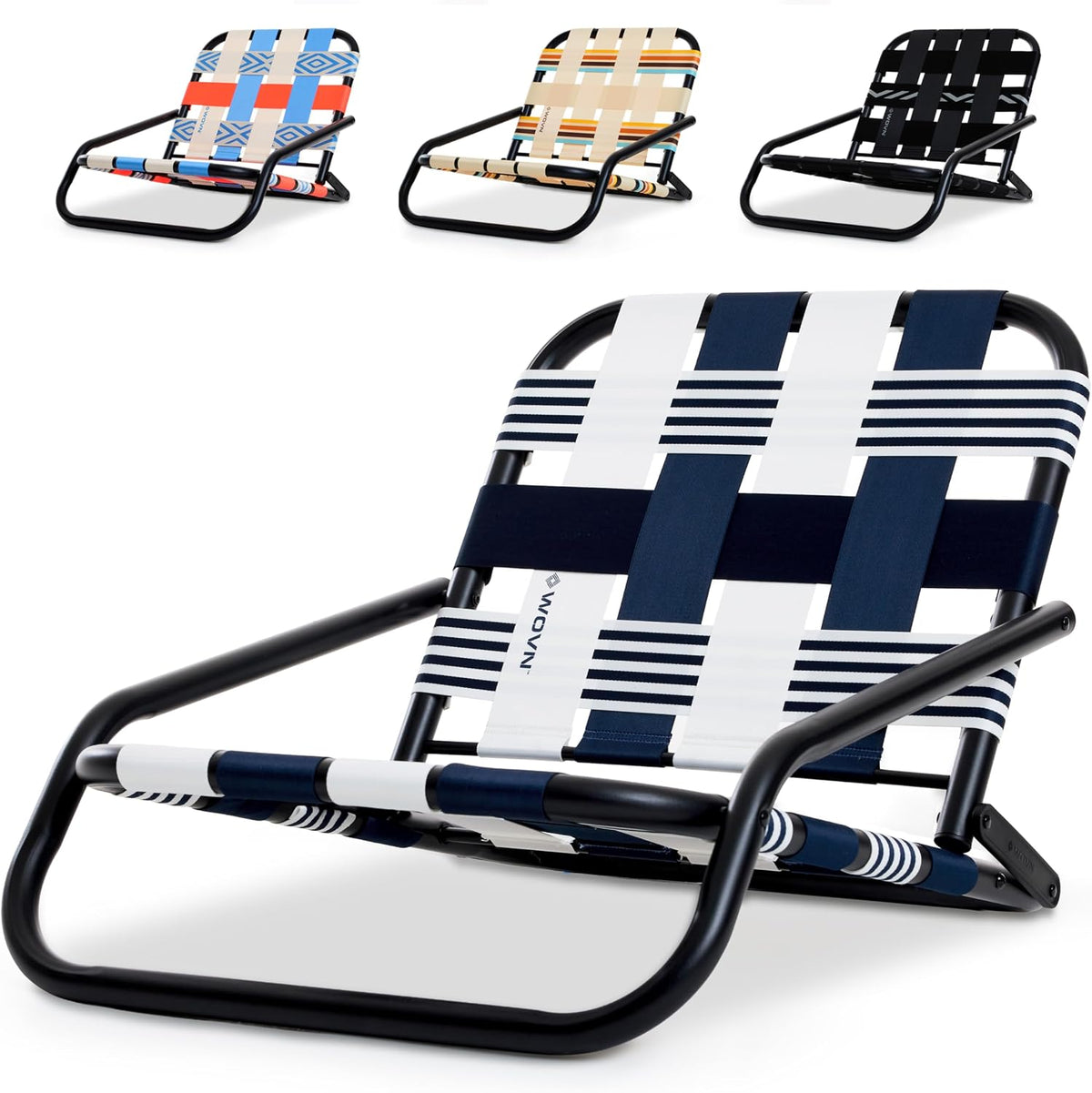 WOVN Low Beach Chairs - Premium Folding Beach Chair for Adults - Low Profile, Super Lightweight with Portable Shoulder Strap - Great for Sand and Lawn - Lido