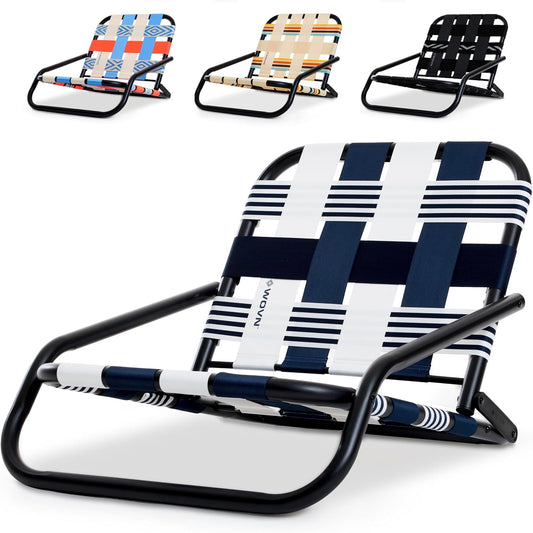 WOVN Low Beach Chairs - Premium Folding Beach Chair for Adults - Low Profile, Super Lightweight with Portable Shoulder Strap - Great for Sand and Lawn - Lido