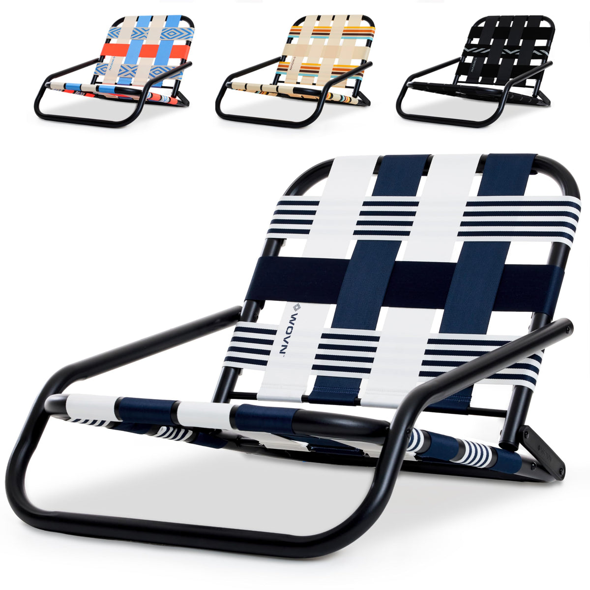 WOVN Low Beach Chairs - Premium Folding Beach Chair for Adults - Low Profile, Super Lightweight with Portable Shoulder Strap - Great for Sand and Lawn - Lido