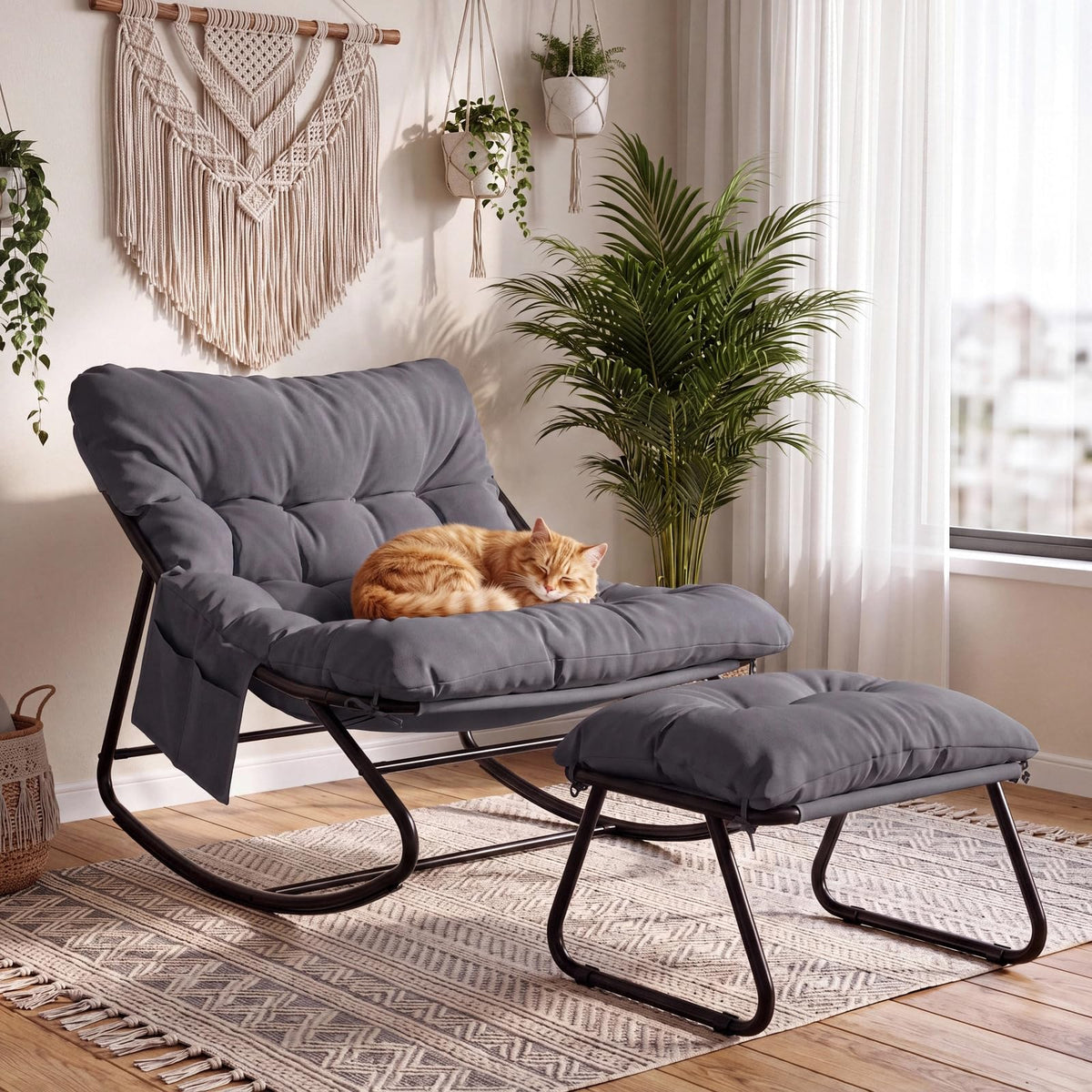 Arlopu Outdoor Rocking Chair with Ottoman, Papasan Rocking Chair