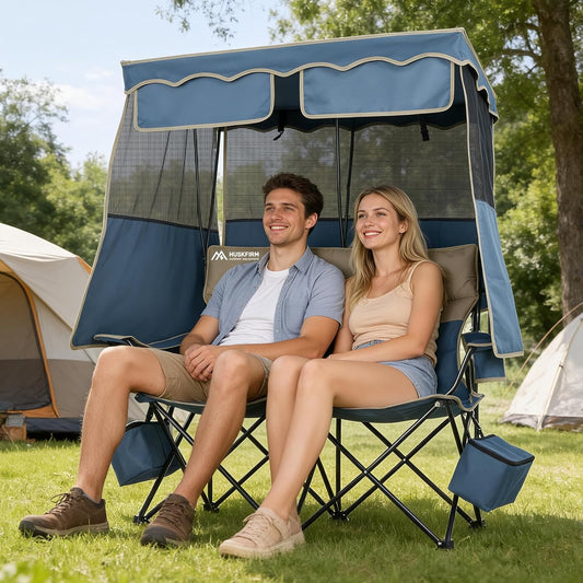 Padded Double Camping Chair With Canopy,Folding Chair Support 450LBS, Blue