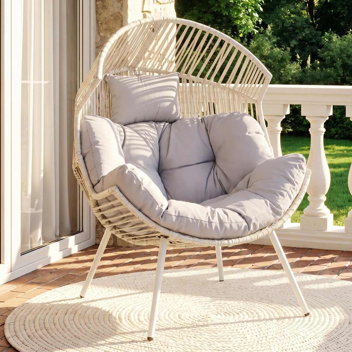 JAMFLY Egg Chair Rocking Chairs, Wicker Patio Chair Oversized Lounger Chair with Cushion for Indoor Living Room Bedroom Outdoor Patio Backyard Balcony Garden, Cream White
