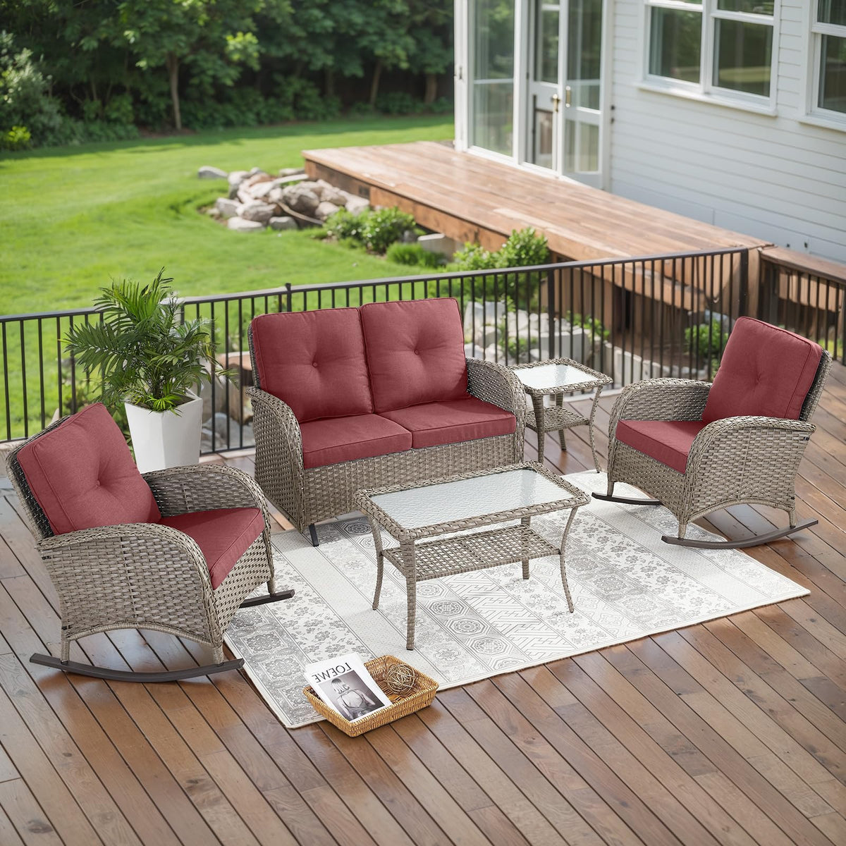 Belord Patio Rocking Chair Wicker Chair, 1 Piece Outdoor Rocking Chair Seating with Cushions for Porch Deck Balcony, Brown/Blue