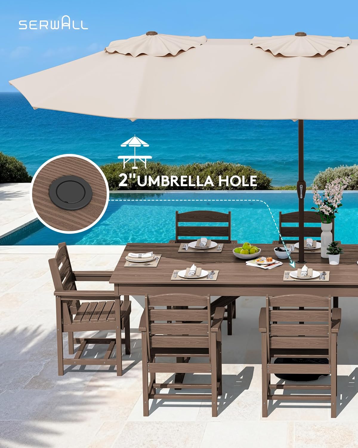 SERWALL Outdoor 84" HDPE Rectangular Dining Table for 6-8,All-Weather,Brown