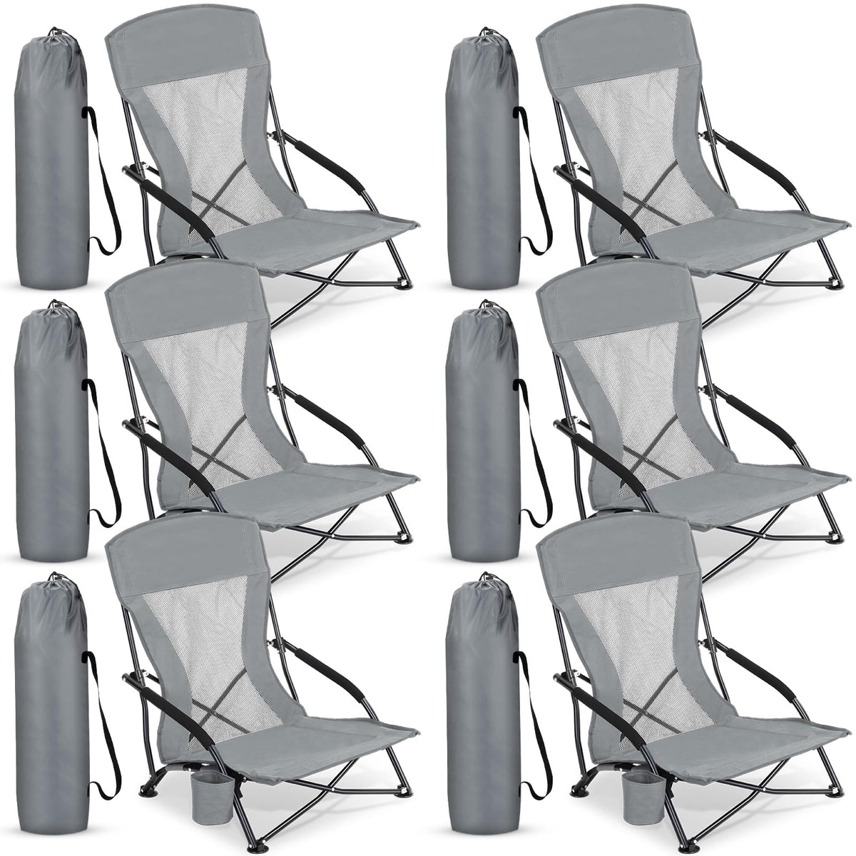 Menkxi 2 Pack Low Beach Chairs for Adults, Portable Folding Sand Chairs with Cup Holder and Carry Bag, Lightweight High Back Camping Chair for Beach Trips, Concerts, BBQ, Lawn, Outdoor (Army Green)