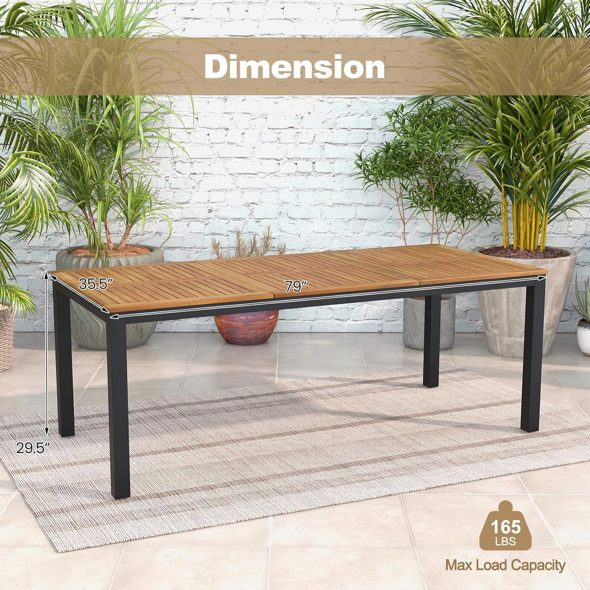 Tangkula 79" Acacia Wood Outdoor Dining Table for 8, Patio Table with Umbrella Hole, Metal Legs & Adjustable Foot Pads, Rectangular 8-Person Outside Table for Garden, Poolside & Backyard