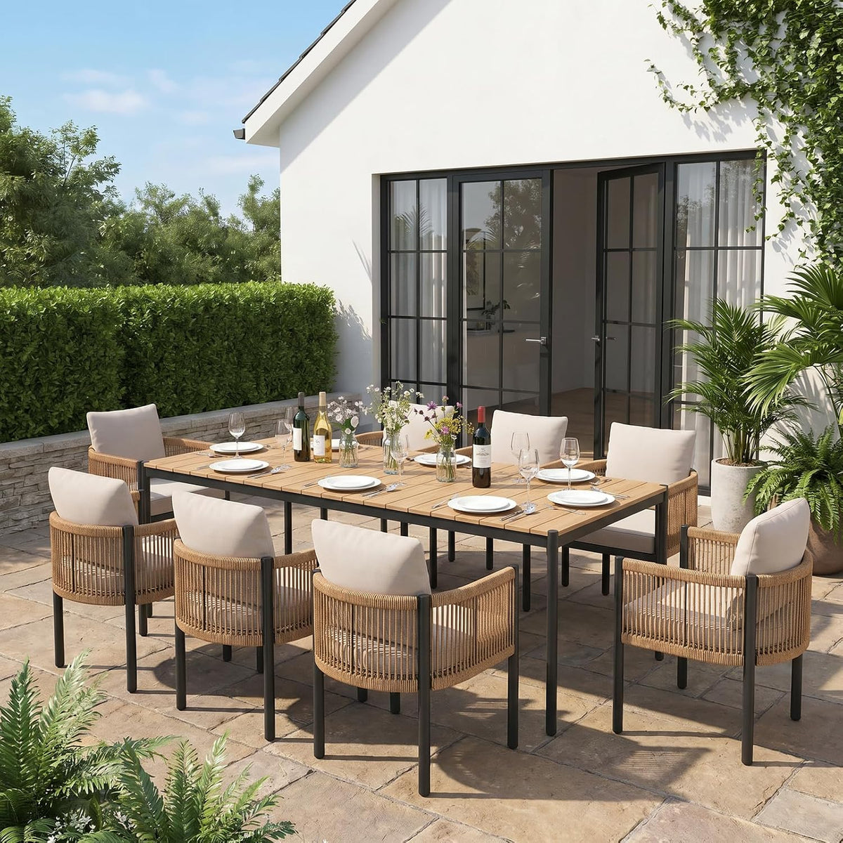 SUNSITT 9 Piece Outdoor Patio Dining Set w/Cushioned Woven Rattan Chairs