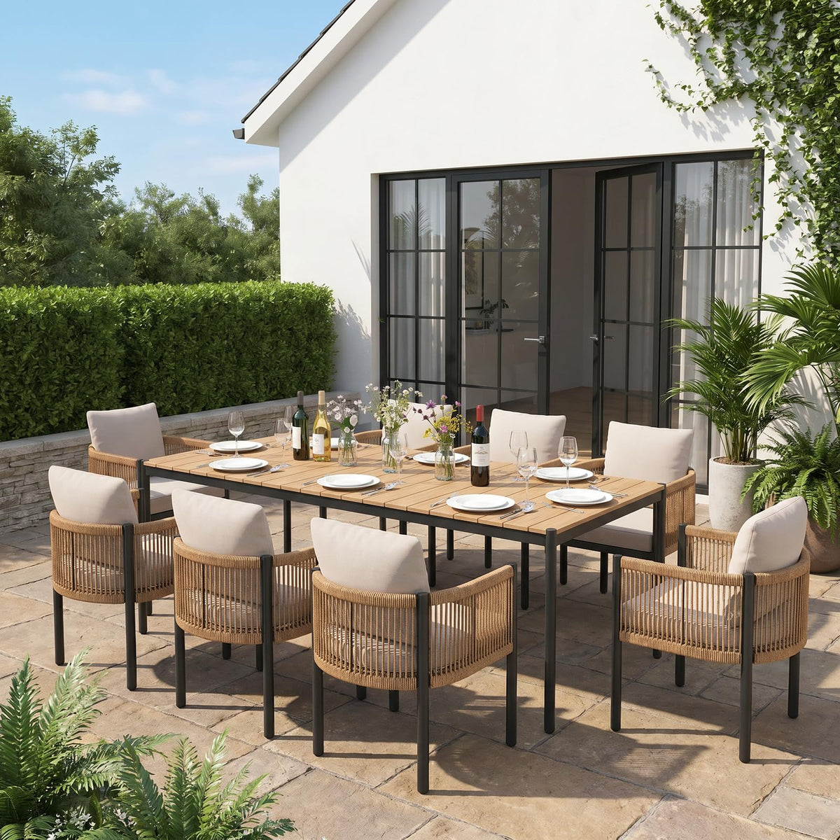 SUNSITT 9 Piece Outdoor Patio Dining Set w/Cushioned Woven Rattan Chairs