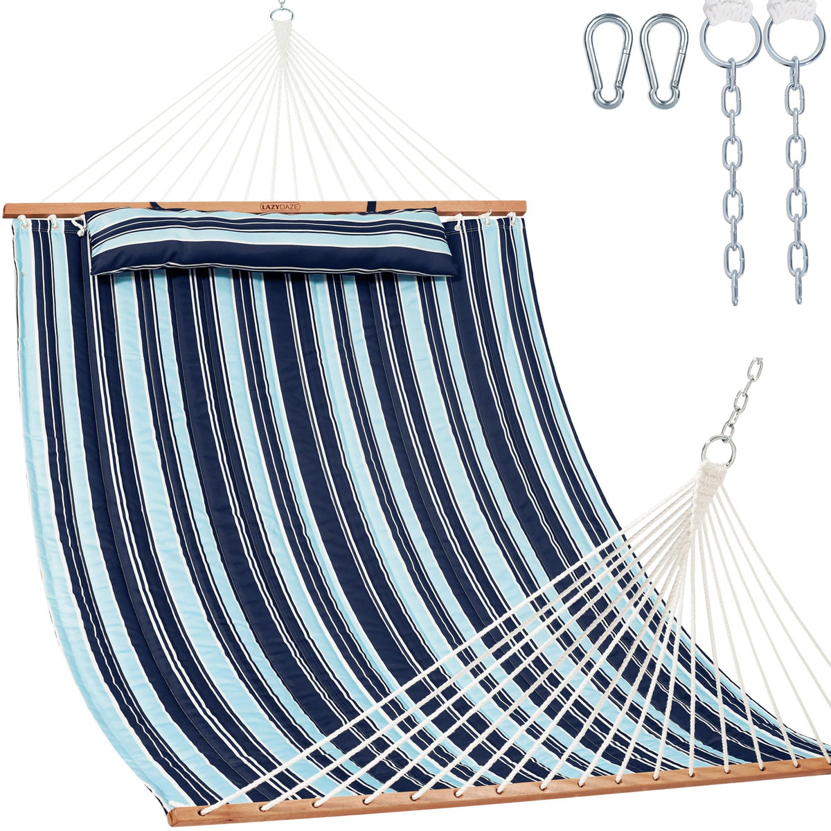 Lazy Daze Double Quilted Hammock with Carabiners & Soft Pillow for Outside